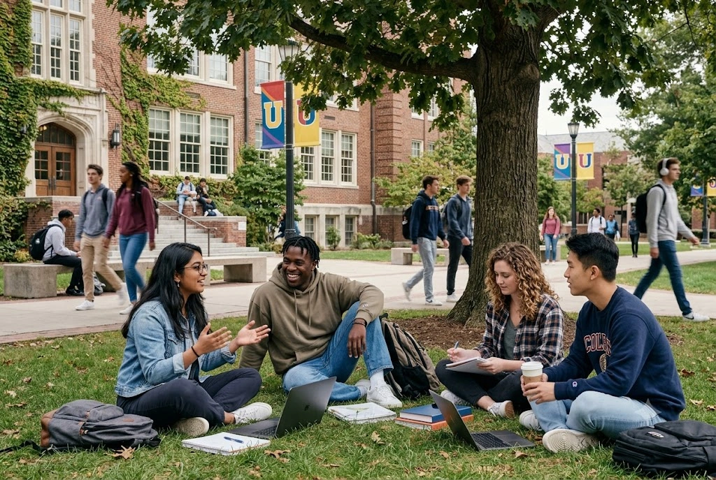 Original Google Gemini photorealistic photo of university students studying on lawn with star watermark in bottom right corner