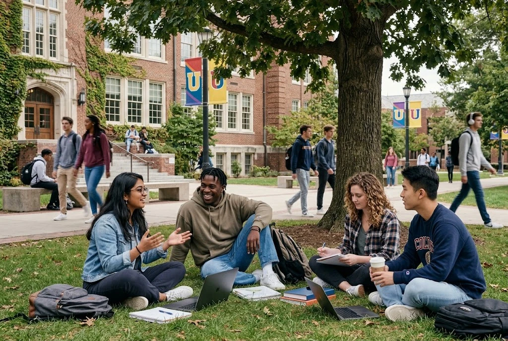 Google Gemini watermark removed from photorealistic AI photo of university students studying on lawn using EatBit precision watermark eraser